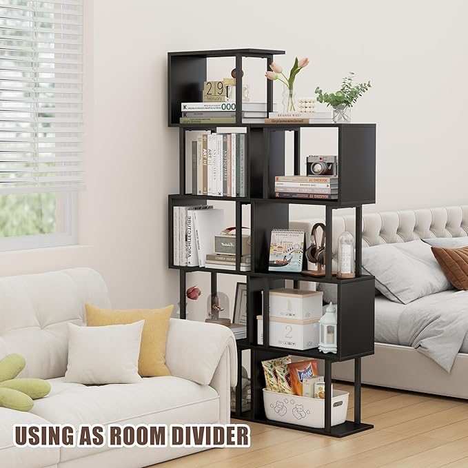 Gadroad 5-Tier Bookshelf, Tall S-Shaped Geometric Bookcase, Wood and Metal Decorative Storage Shelving, Modern Freestanding Display Shelves, Book Shelf Unit for Living Room Bedroom Home Office, Black