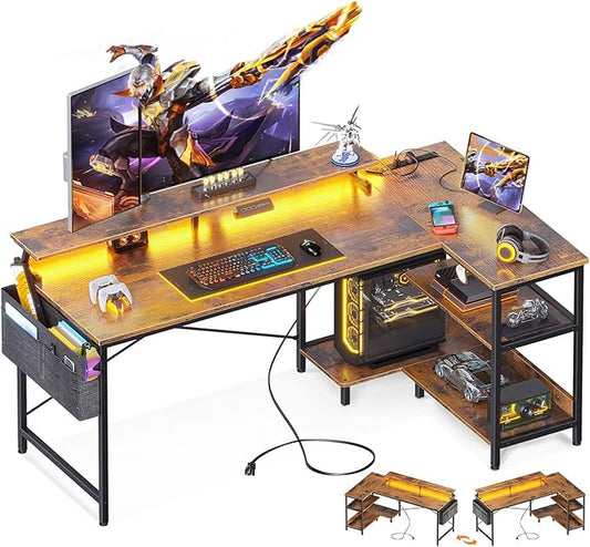 ODK 58 Inch Gaming Desk with USB Charging Ports and LED Lights, Reversible L Shaped Computer Desk with Storage Shelves & Monitor Stand, Corner Home Office Desk Table with Power Outlets, Vintage
