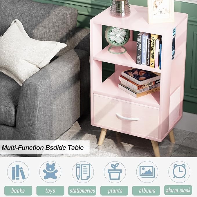 Night Stand, Pink Kids Nightstand with Drawer, Nursery Side Table with Open Storage, 3-Tier Modern End Table, Bedside Table for Small Space, Living Room, Bedroom