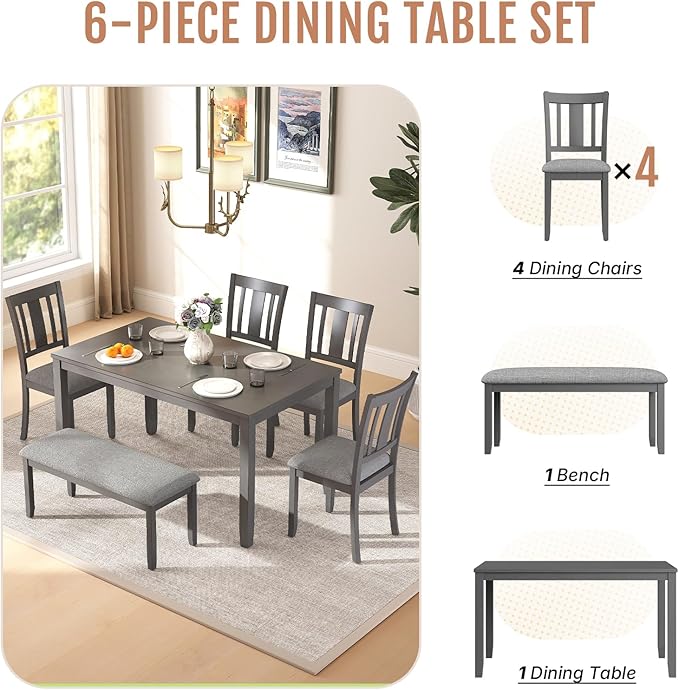 6-Piece Wooden Dining Table Set, Dining Table Set for 6, Including 1 Dining Table, 4 Upholstered Chairs and 1 Bench, Wooden Legs Dining Table, Table Set for Dining Room & Kitchen, Grey