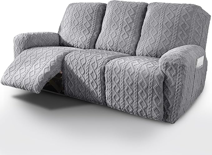 vctops 8 Pieces Geometric Jacquard Plush Recliner Sofa Covers Soft Fuzzy Fluffy 3 Seats Couch Cover Anti-Slip Sofa Slipcover Furniture Protector with Elastic Bottom for Kids Pet(Grey,3 Seat)