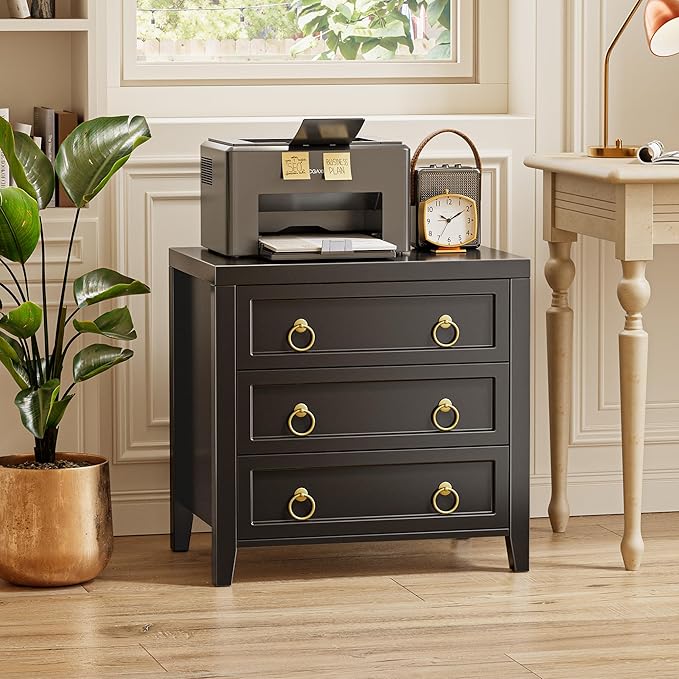 Huuger 23.6 Inch Night Stand with Charger Station and USB-C Port, 3 Drawer Nightstand, Larger Wider Bedside Table, Modern Side End Table, for Bedroom, Black Nightstand