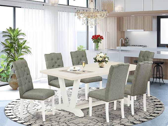 East West Furniture V027EL207-7 7 Piece Dining Room Table Set Consist of a Rectangle Kitchen Table with V-Legs and 6 Gray Linen Fabric Parsons Dining Chairs, 40x72 Inch, Multi-Color