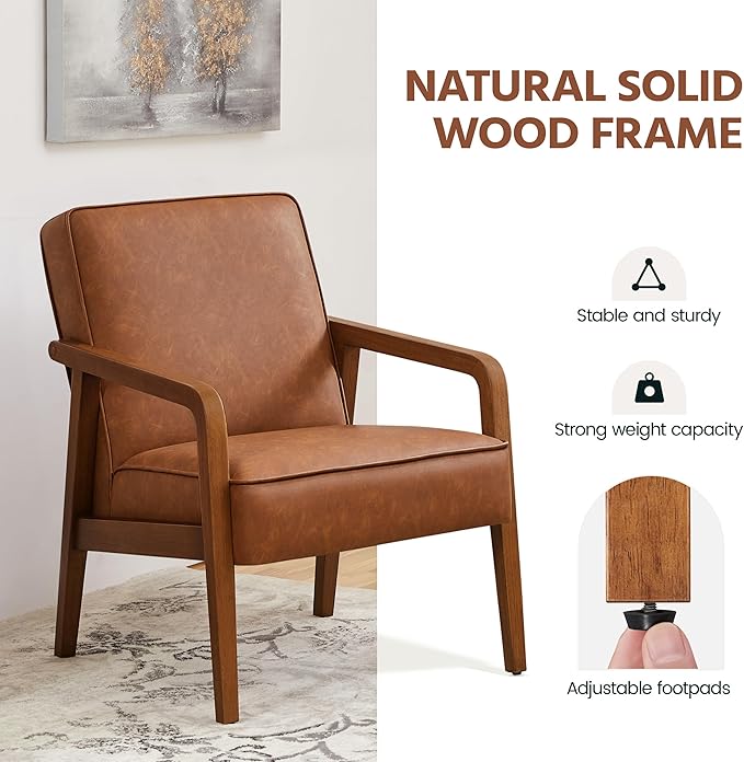 Yaheetech PU Leather Accent Chair, Mid-Century Modern Barrel Chair with Wooden Frame and Soft Thick Padded for Living Room Bedroom Home Office, Light Brown