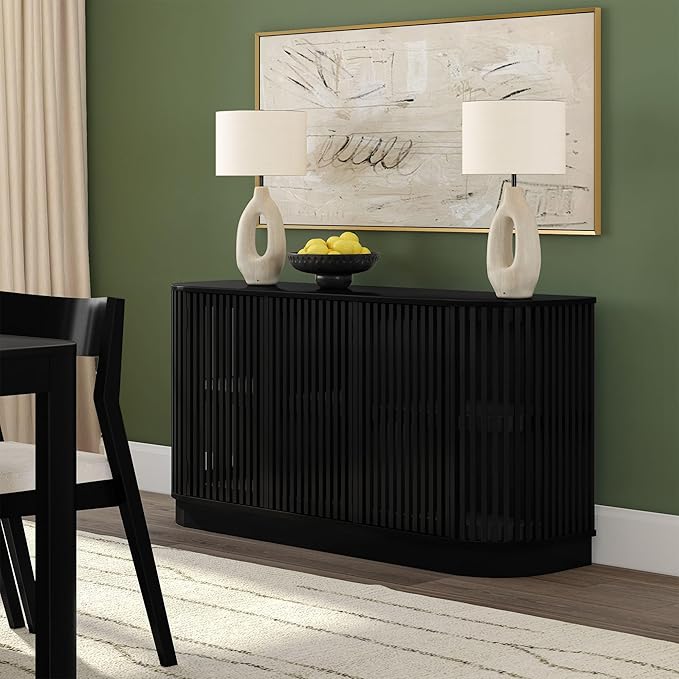 Plank+Beam Contour Wood TV Stand, Three Door Solid Wood Entertainment Console with Storage, 59" L x 16" W x 30" H, Black