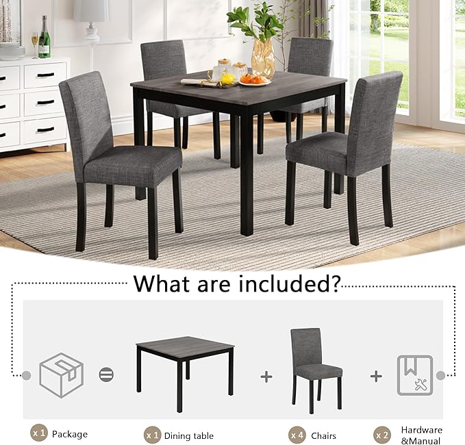KEIKI 5-Piece Standard Height Dining Table Set with Square Table and 4 Upholstered Curved Backrset Chair, for 4 Person, Modern Wooden Table Set, Easy Assembly, for Kitchen, Dining Room, Black+Gray