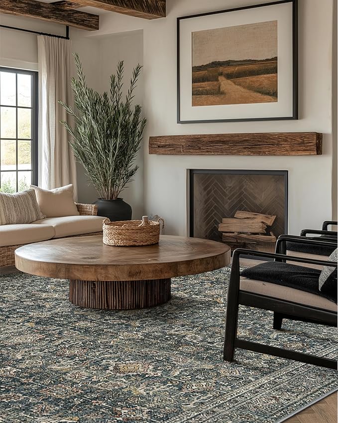 8X10 Area Rugs Machine Washable Rugs for Living Room, Vintage Boho Large Rugs for Bedroom Dining Room, Non Slip Indoor Soft Distressed Lightweight Thin Low Pile Carpet, Deep
