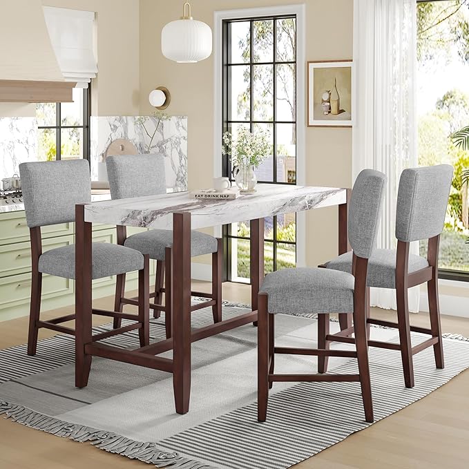 Ball & Cast 5-Piece Dining Table Set for 4,Kitchen Table Set W/Faux Marble Bar Table,Counter Height Living Room Furniture W/ 4 Upholstered Chairs,for Dining Room,Pub Kitchen,Small Place,Gray+White