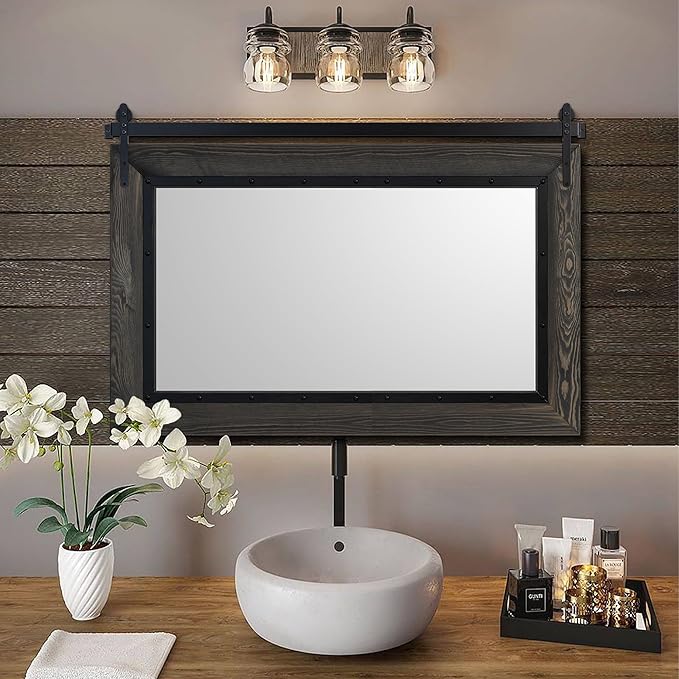 YOSHOOT Farmhouse Barn Door Mirror, 48"x30" Rustic Bathroom Mirror, Wood Frame Wall Mirror, Wooden Mirror for Living Room Bedroom Entryway Wall Décor, Horizontal Hanging ONLY