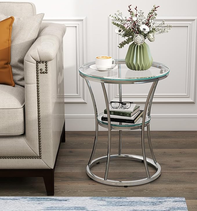 O&K FURNITURE Round End Table with Tempered Glass, Small Silver Side Table for Small Spaces, Nightstand with Shelf for Living Room, Bedroom, Office,Chrome Finish, 1 PC
