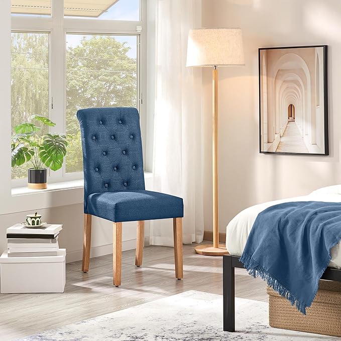Yaheetech Dining Chairs Set of 4 Fabric Upholstered Dining Room Chairs with Button Tufted High Back and Solid Wood Legs for Kitchen/Living Room/Restaurant, Modern Style, Blue