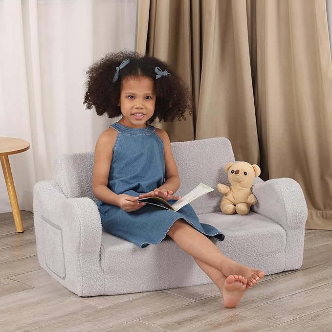 Extra Wide Toddler Chair, 2-in-1 Toddler Couch Fold Out, Convertible Sherpa Sofa to Lounger for Boys & Girls, Grey