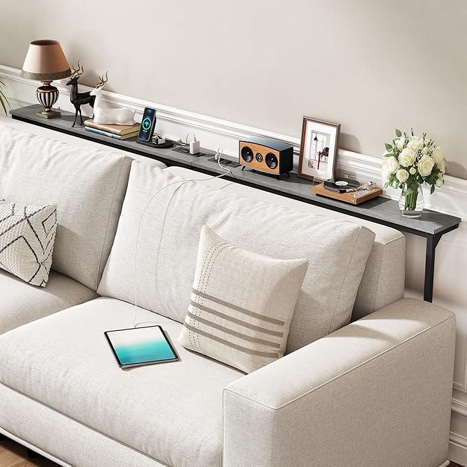 Kitstorack 2-Pack Dark Gray Long Sofa Table Behind Couch, Adjustable Height (25"-33") & 2 Power Outlets, Narrow Console Table, 5.9" D x 79" L, Thin, Split Design for Separate Use