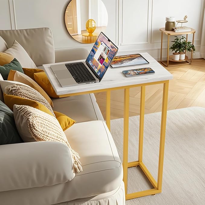 VECELO C Shaped End Side Table for Sofa Couch and Bed Snack TV Tray for Living Room Bedroom, 1 Set, Gold