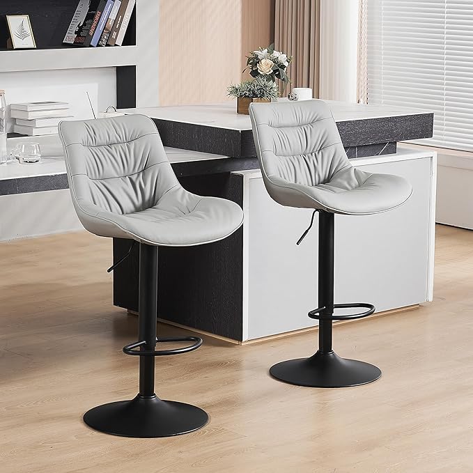 Kidol & Shellder Bar Stools Set of 2 Adjustable Swivel Gray, PU Leather Upholstered with Back, Modern Counter Height Stools for Kitchen Island, Home Bar