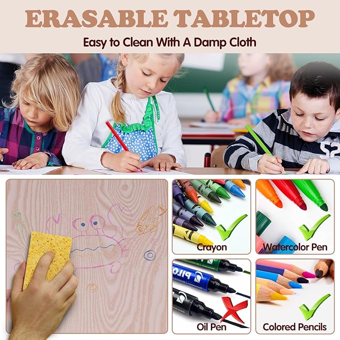 Kids Table and 2 Chairs Set, Height Adjustable Toddler Study Table and Chair Set, Kid Size for Ages 3-8 Children, Graffiti Desktop, Easy to Wipe/Arts & Crafts, Homes/Classrooms/Daycare (Beige)
