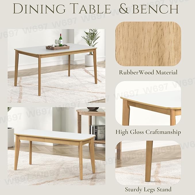 Merax 6-Piece Dining Table Set, One Table One Bench and Four Chairs, High Gloss White Tabletop with Light Oak Color