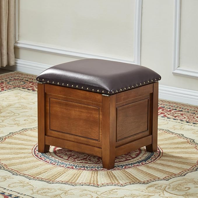 Storage Ottoman with Drawer, Microfiber Leather Padded Top Foot Rest Stool with Nailhead Trim for Bedroom Living Room