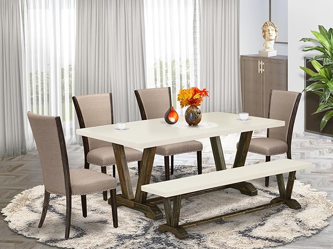 East West Furniture V727VE703-6 6 Piece Dining Room Table Set Contains a Rectangle Kitchen Table with V-Legs and 4 Brown Linen Fabric Parson Chairs with a Bench, 40x72 Inch, Multi-Color