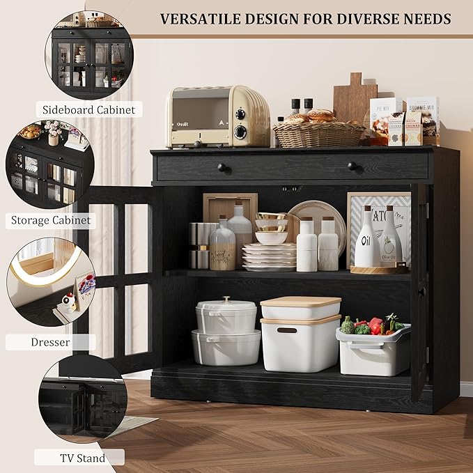 GarveeHome 35.4" Sideboard Buffet Cabinets with Glass Door, Buffet Cabinet with Storage, Black Sideboard Cabinet with Drawer, Modern Buffets & Sideboards for Dining Room, Kitchen