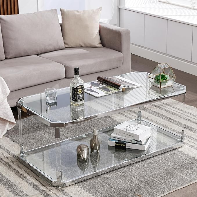 Glass Top Coffee Table, Sliver Rectangle Coffee Table Glass Top with 2 Tiers, Acrylic Leg, Chrome Frame, Modern Center Table for Living Room