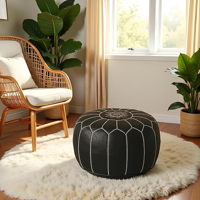 Stuffed Round Design Moroccan Leather Pouf Ottoman, Handmade, Pre-Filled, 100% Genuine Leather, 13” Height x 20” Diameter, Footstool & Living Room Décor (Black with White Stitches)