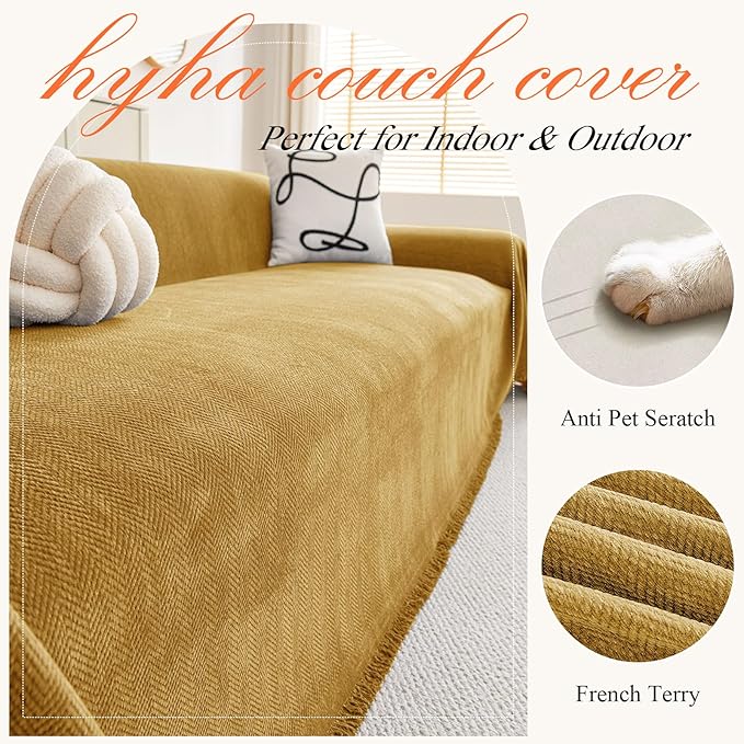 hyha Couch Cover for Dogs, Boho Sofa Covers for 3 Cushion Couch Washable, Chenille Sofa Slipcover for Pets, Soft Loveseat Sectional Couch Throw Blankets with Tassels (Yellow, 88.5x118 Inch)
