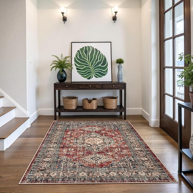 Lahome Oriental Washable Rugs for Bedroom, 4X6 Soft Living Room Rug Ultra-Thin Non-Slip Stain Resistant Vintage Low-Pile Throw Carpet for ‎Office Entryway, Brick Red