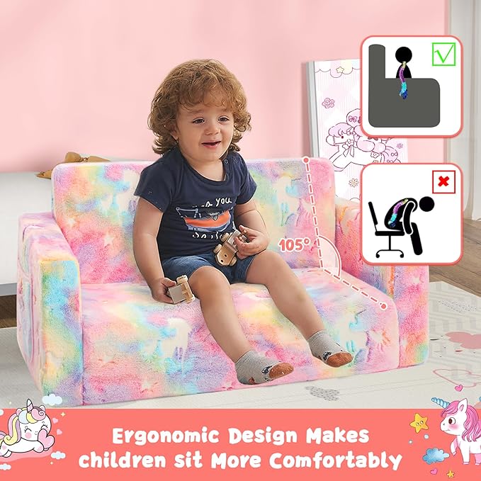 Toddler Chair Comfy,2-in-1 Soft Toddler Couch Fold Out for Kids,Convertible Sofa to Lounger,Gift for Girls and Boys Birthday,Unicorn,Large