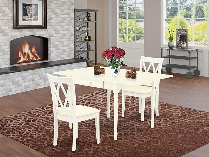 East West Furniture MZCL3-LWH-C 3 Piece Modern Dining Table Set Contains a Rectangle Wooden Table with Dropleaf and 2 Linen Fabric Kitchen Dining Chairs, 36x54 Inch, Linen White