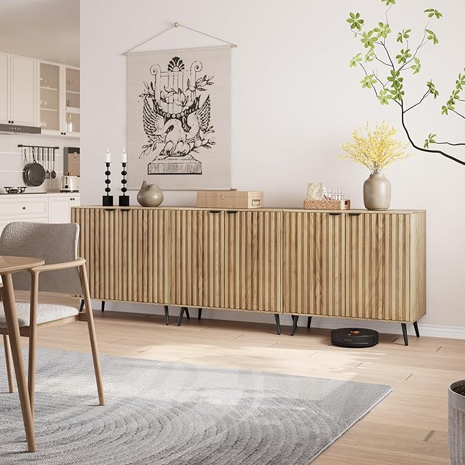 Semiocthome Buffet Cabinet with Storage, Sideboard Cabinet with Fluted Doors and Metal Legs, Storage Cabinet with Adjustable Shelf, Accent Table for Living Room, Kitchen, Entryway - Natural