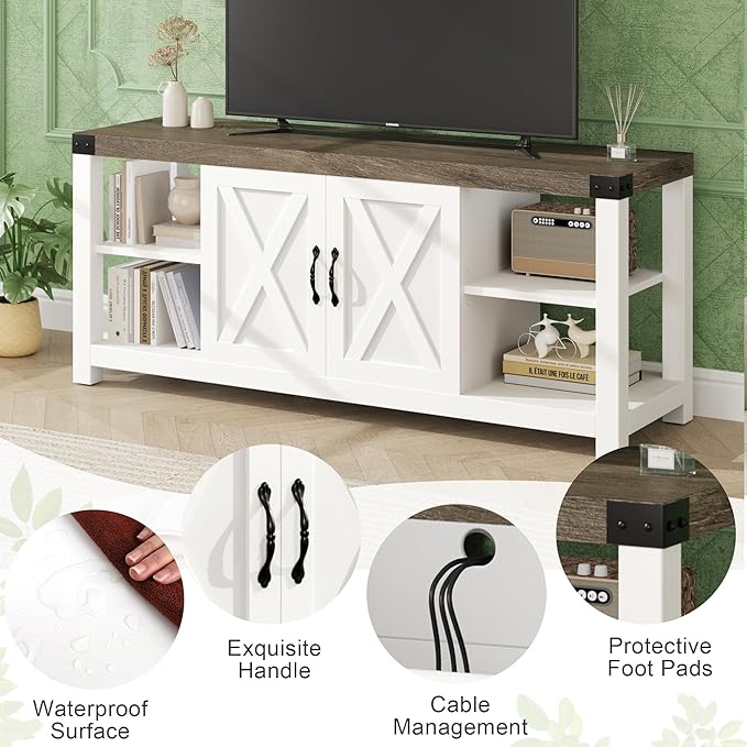 TV Stand for 65 Inch TV, 60 Inch Entertainment Center with Storage, Farmhouse TV Console Table with Shelves, Wooden Media Console Cabinet with Doors, Modern TV Stand for Living Room, Bedroom - White