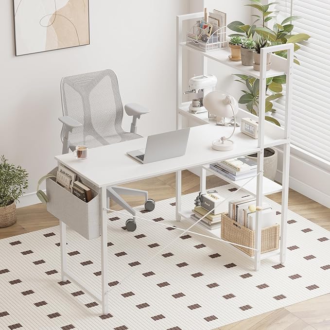 Treesland 55 Inch Computer Desk with Bookshelf, Corner Desk with Storage, L Shaped Desk, Home Office Desks, Writing Study Desk for Bedroom, White