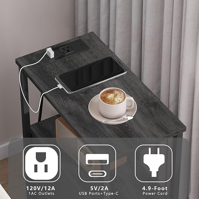 TUTOTAK Small Narrow End Table with Charging Station, Set of 2, Side Table with Outlets, Nightstand with 2 Cloth Drawers, Couch Table, for Living Room, Bedroom, Bedside, Charcoal Grey TB01BY055