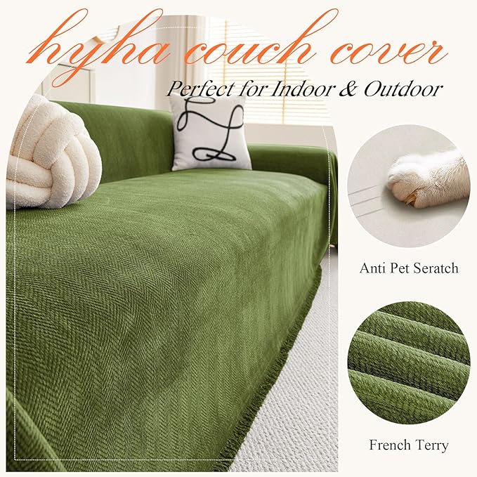 hyha Couch Cover for Dogs, Boho Sofa Covers for 3 Cushion Couch Washable, Chenille Sofa Slipcover for Pets, Soft Loveseat Sectional Couch Throw Blankets with Tassels (Green, 71x118 Inch)