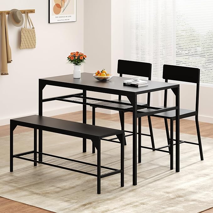 Shintenchi Kitchen Table Chairs Set of 4, Dining Table Set for 4 with Bench and Chairs, 4 Pieces Kitchen Table Set with Storage Rack & Metal Frame for Small Space, Black