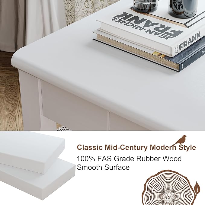 Solid Wood Desk with Drawers - 39 x 16 Inch Narrow Desks, Mid Century Modern Desks, Rubber Wood Study Table, Small Writing Desk for Small Spaces|Bedroom - White