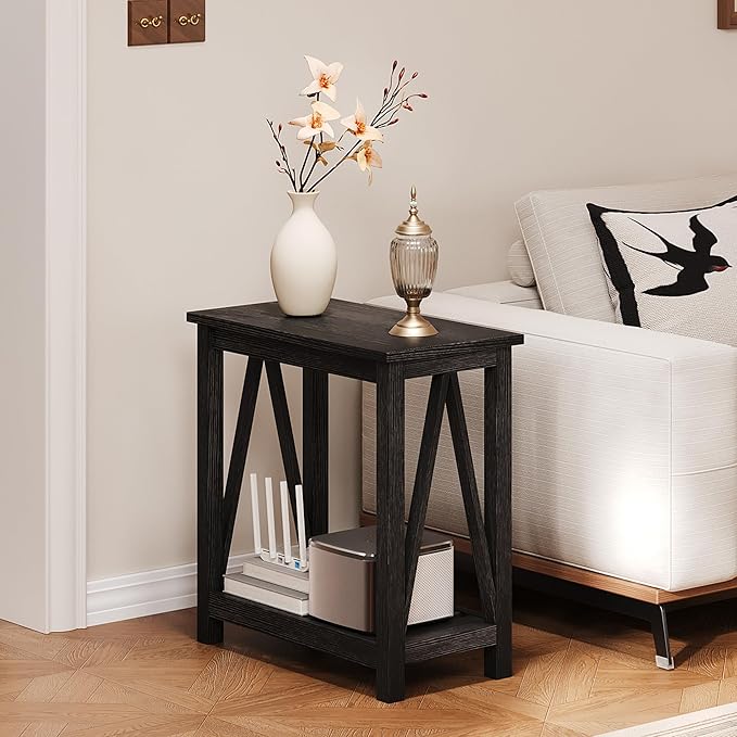ChooChoo Farmhouse End Table, Narrow Side Table, Slim End Table with Storage Shelf for Small Spaces, Rustic Nightstand, for Living Room, Bedroom Black