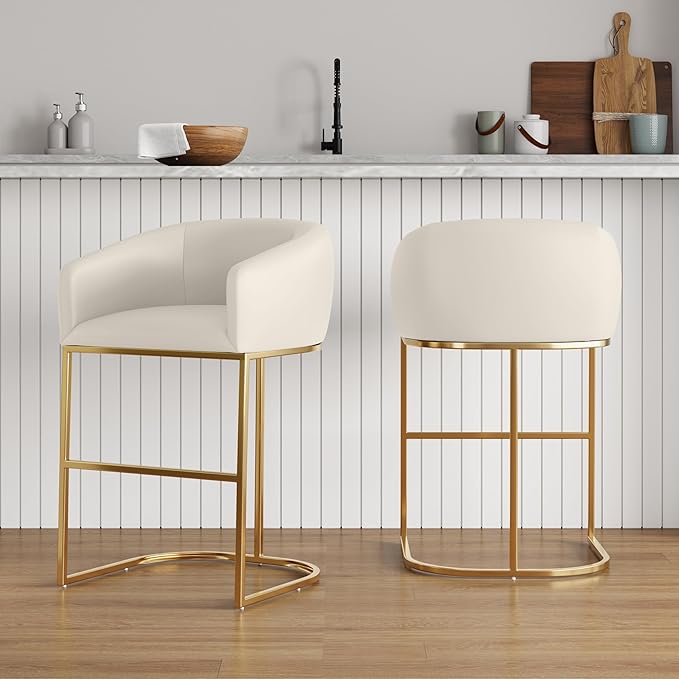 Manhattan Comfort Louvre 26 Inch Mid Century Modern Counter Height Bar Stools - Elegant Faux Leather Padded Seat, Stainless Steel Base with Footrest, Fully Assembled Barstools, Set of 3, Cream