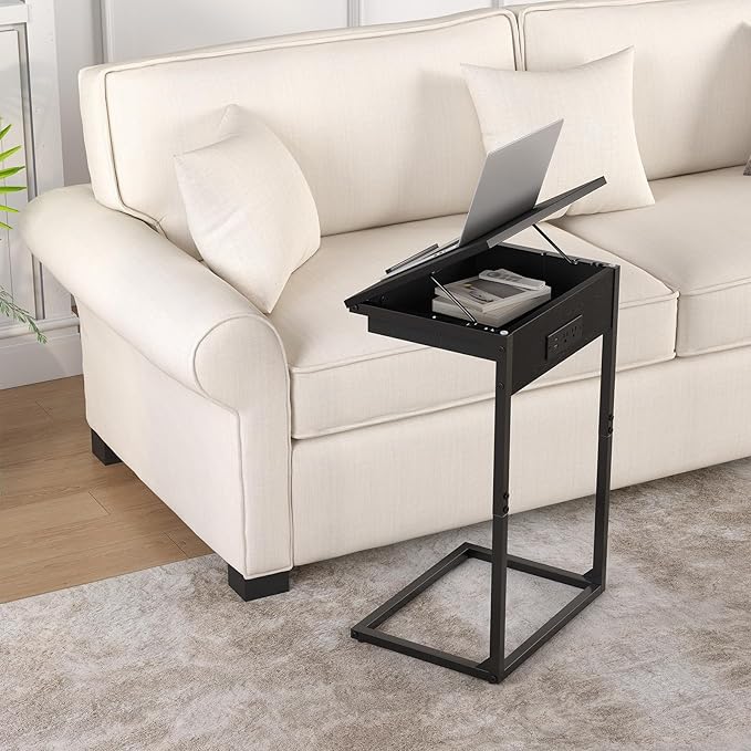 C Shaped End Table with Charging Station, 45° Tiltable Adjustable Flip Top Side Table with Storage,Small C Table for Small Spaces,Slide Under Couch Sofa Bedside Table for Living Room, Black