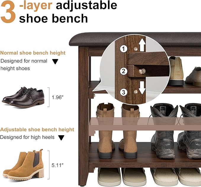 Shoe Bench Storage Rubberwood with Leather Cushion, Entryway Bench with 3-Tiers Height Adjustable, Shoe Rack Front Doors Entrances for Hallway Living Room,Mudrooms (Brown,39.4")