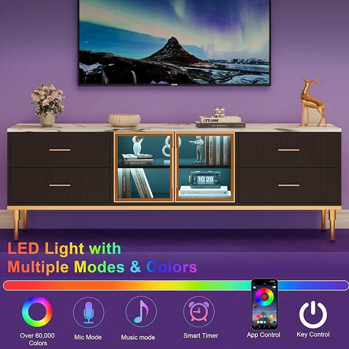 Garvee LED Lighted TV Stand for 55-75" TVs, Modern Entertainment Center with Drawers & Shelves, Glass Doors Living Room Furniture, Black