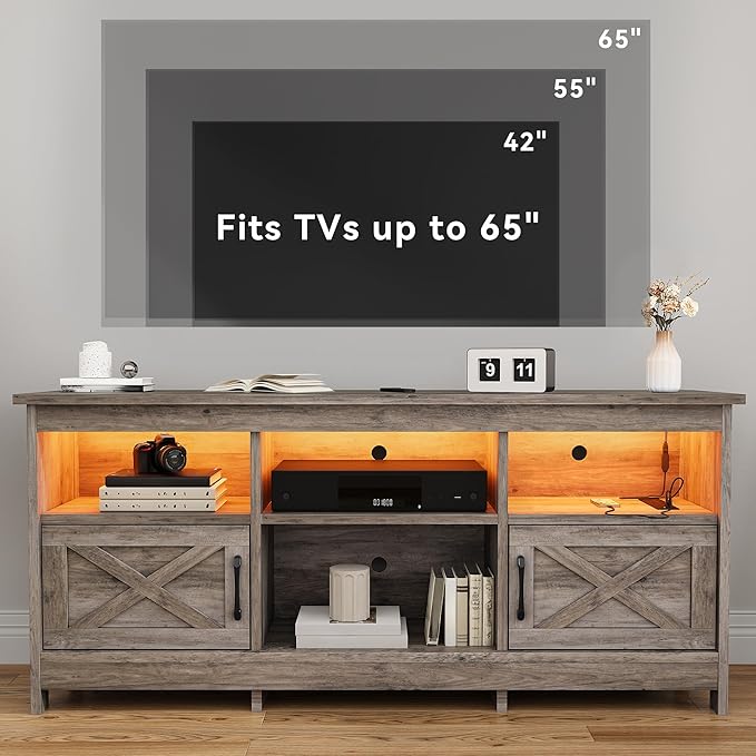 DWVO TV Stand for up to 65 Inch TV, Entertainment Center with Storage, TV Cabinet with Power Outlet & LED Light Strip, Media Console Television Stands for Living Room, Washed Grey