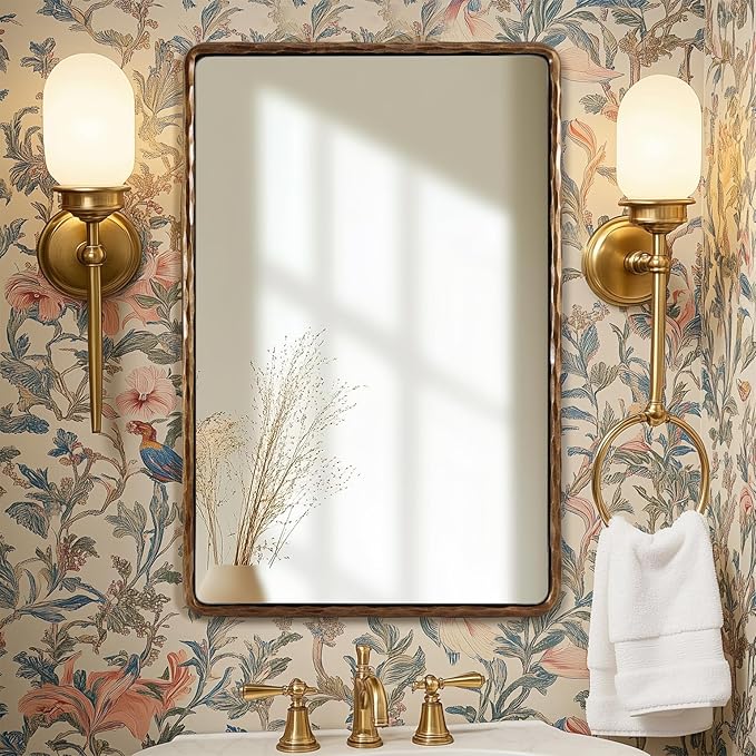 ANDY STAR Hand-Forged Gold Bathroom Mirrors for Wall, 30x40 Inch Vintage Solid Steel Metal Frame Bathroom Vanity Mirror, Antique Rounded Rectangle Wall Mirror, Hangs Horizontally or Vertically