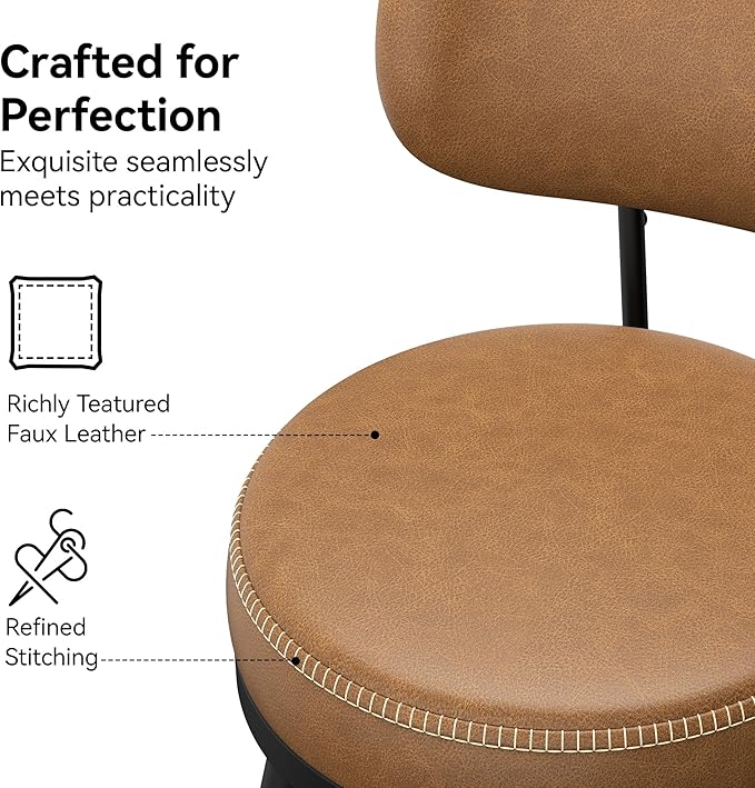 Counter Height Bar Stools, 26" H Swivel Barstools Set of 2, Faux Leather Kitchen Counter Stools with Back and Stylish Stitching, Metal Frame, Pub, Home Bar, Whisky Brown