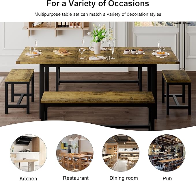 Feonase 5-Piece Dining Table for 4-8 People, 63" Extendable Kitchen Table Set with 2 Benches & 2 Square Stools, Dining Room Table with MDF Wood Board, Easy Clean, Rustic Brown