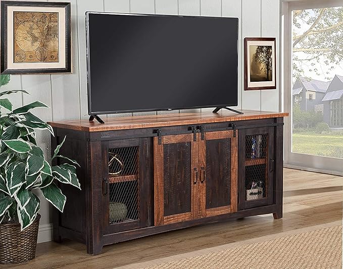 Martin Svensson Home Santa Fe Solid Wood TV Stand, 65", Antique Black and Aged Distressed Pine