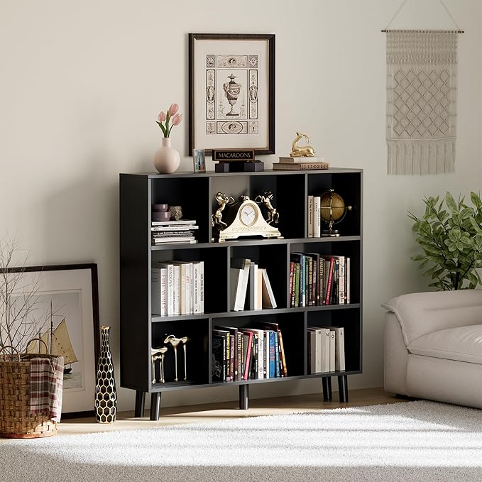 YESHOMY 9 Black Cube Bookcase, Open Frame 3-Tier Book Shelf, Bookshelf Storage Organizer with Feet & Anti-Tilt Device for Organization, Room Decor