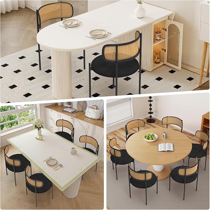 Mid Century Modern Dining Chairs Set of 4 with Rattan Backrest,Velvet Upholstered Accent Kitchen & Dining Room Chairs with Sturdy Metal Frame,Black