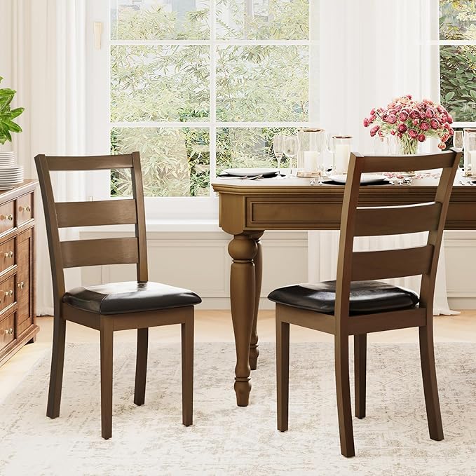COLAMY Upholstered Dining Chairs Set of 2, PU Leather Ladder High Back Dining Room Kitchen Side Chair with Adjustable Foot Pegs, Dark Brown